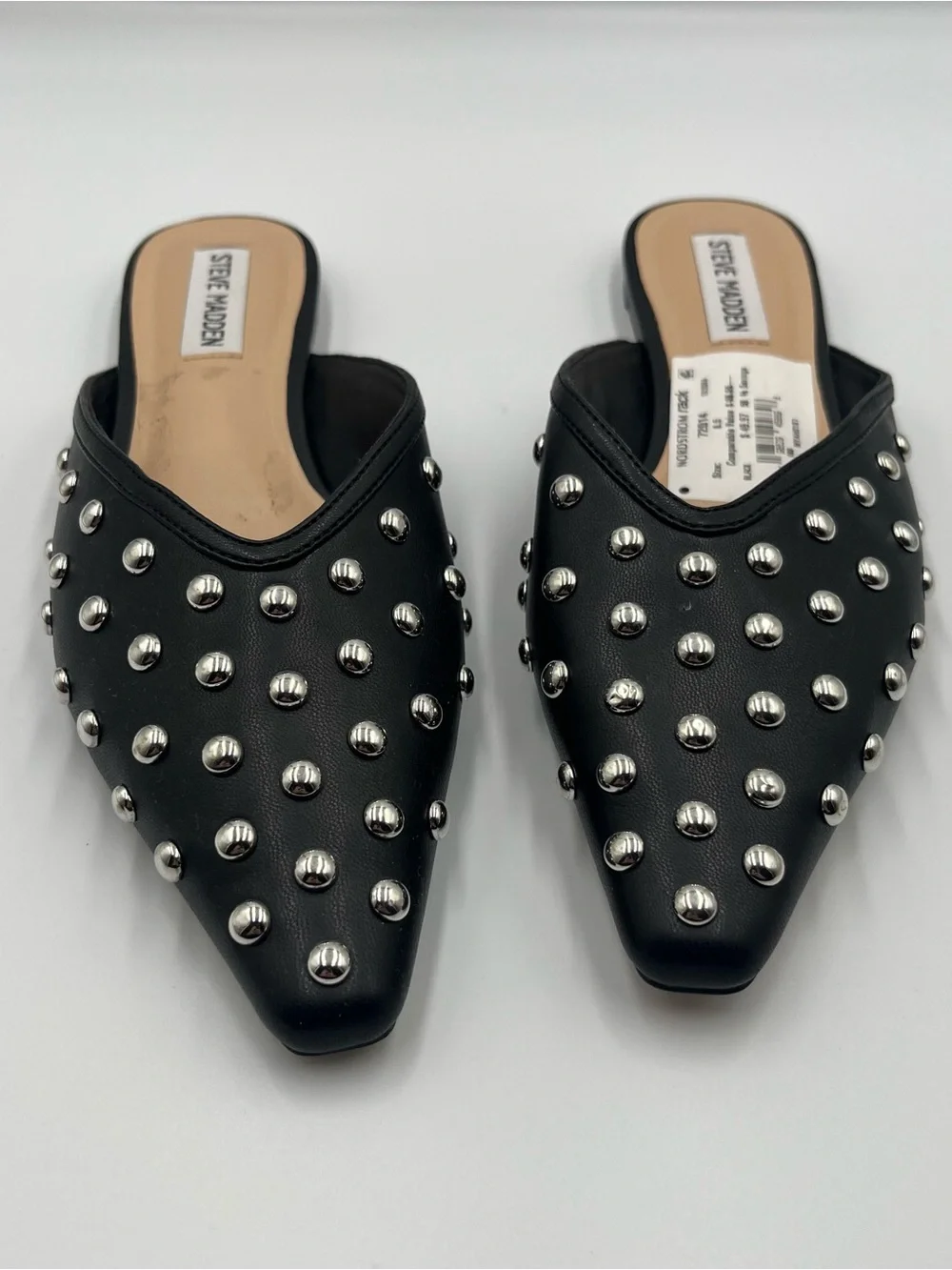 Steve Madden Marela Black Leather Studded Pointed Toe Mules Flats Sz 8.5